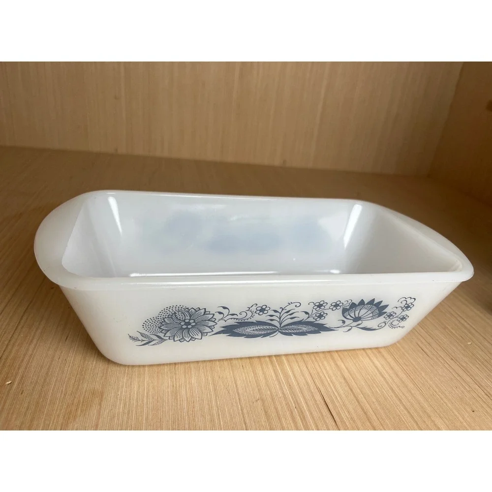 Vintage Glasbake Blue Floral Onion Milk Glass Loaf Pan J-522 Made in USA MCM